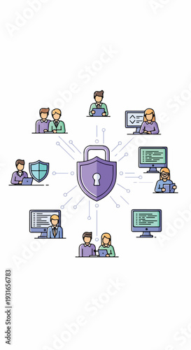 Digital security concept showing a network of people and devices protected by a central padlock, representing data privacy and online safety.