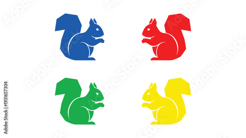 Colorful illustrated squirrels in vibrant shades of blue, red, green, and yellow