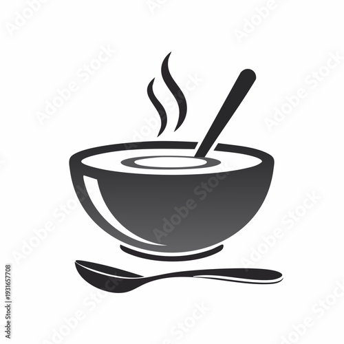 Bowl of Soup Vector Illustration with Spoon and Steam Black and White Minimalist Design