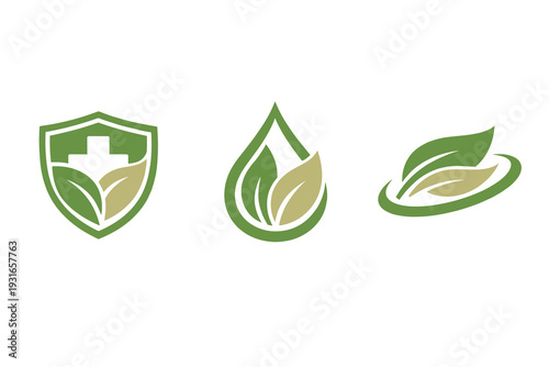Natural Skincare & Health Logo Set, Green Leaf Shield Drop Hand Icons Vector