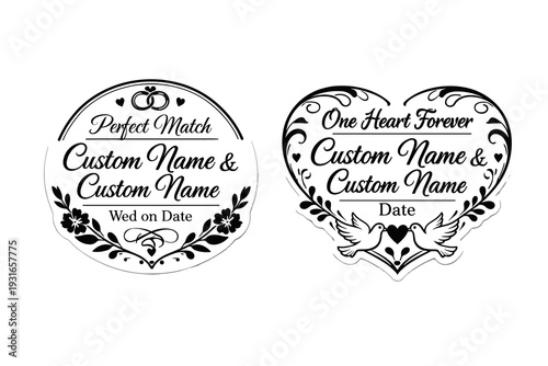Wedding Favor Tags Set – Round & Heart Shapes with Rings Doves Custom Names Vector