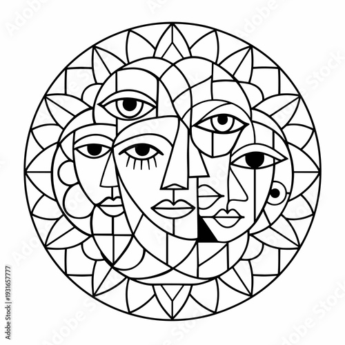Mandalas with Three Female Faces Line Art Coloring Page Sun Goddess Portrait Sacred Geometry Cubist Influence Emotional Women Intricate Mandala