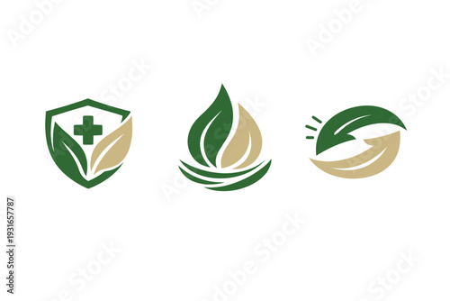 Natural Health & Wellness Logo Set, Green Leaf Shield Flame Eco Icons Vector