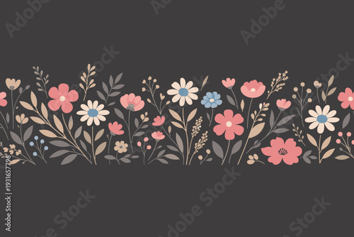 Floral Border Seamless Pattern Dark Background Wildflowers Daisy Meadow Flowers Vintage Botanical Frame