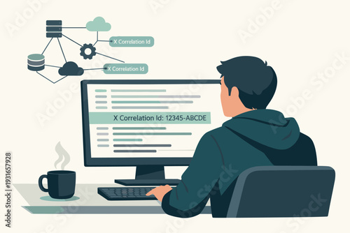 Developer tracing X-Correlation-ID in distributed system logs illustration