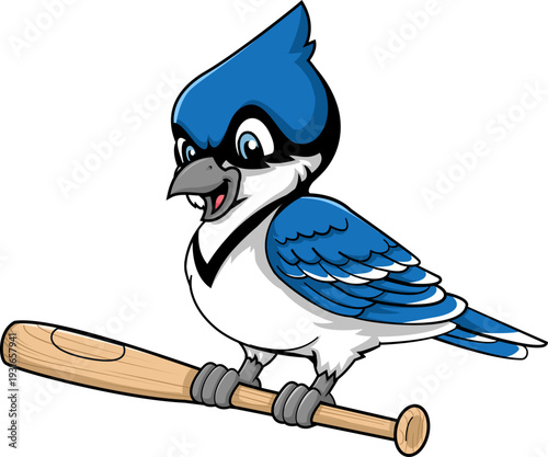 Cute Blue Jay Mascot Bird Perched on Baseball Bat