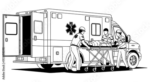 Emergency medical technicians carefully loading a patient onto a stretcher into an ambulance vehicle