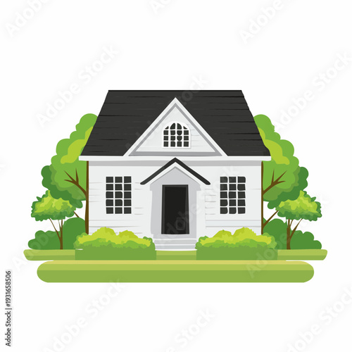 Charming single-story house surrounded by lush greenery and a well-manicured lawn