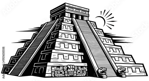 Mayan pyramid illustration with stepped structure and central staircase under a stylized sun symbolizing ancient civilization and cultural heritage