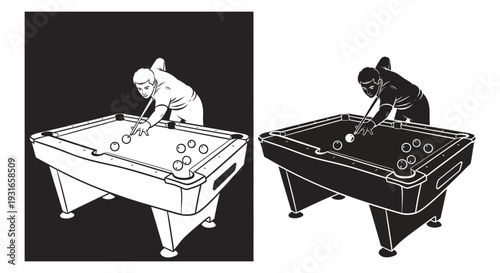Two contrasting illustrations show a man playing pool billiards on a table in different styles