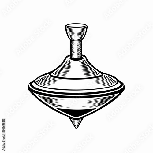 Classic spinning top illustration evoking nostalgia and timeless playfulness in monochrome design