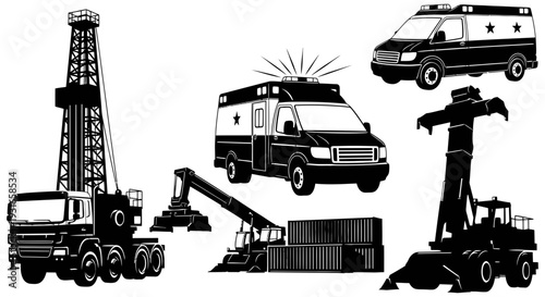 Heavy machinery and emergency vehicles illustration featuring crane truck and ambulance on a white background with detailed black silhouettes