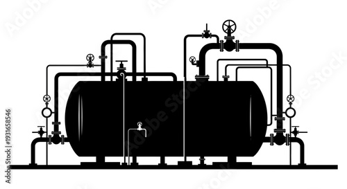 Industrial pressure vessel system with complex piping and valves for storing liquids or gases under high pressure