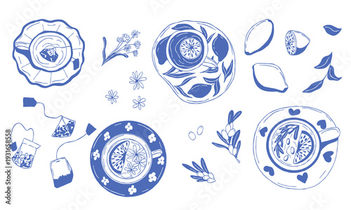 Tea collection with cups, lemon slices, herbal leaves, teabags. Hand drawn monochrome blue set of hot drink elements isolated on white. Minimal blue line art for menus, cafes, packaging, branding