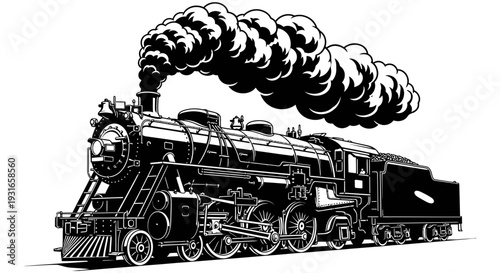Vintage steam locomotive illustration featuring a classic train with smoke blowing against a plain white background in a detailed black and white drawing