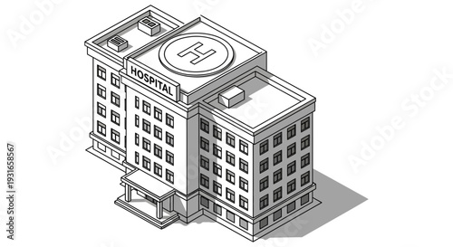 Modern hospital building illustration with helipad on rooftop for emergency medical services and patient care