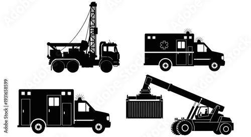 Collection of various heavy machinery vehicles silhouetted against a white background showcasing different industrial equipment in detailed black vector illustrations