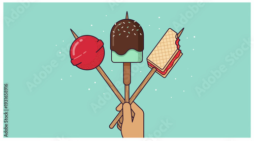 Colorful assortment of desserts on sticks: ice cream popsicles, chocolate-coated bar, donut, and cookies on skewers