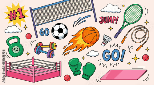 Vibrant sports and fitness collage with boxing ring, basketball, soccer ball, tennis racket, dumbbells, mat, and dynamic workout icons