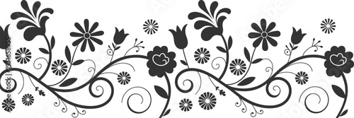 Decorative floral border vector illustration, elegant ornamental design with stylized flowers, swirling vines, continuous motifs, and artistic elements