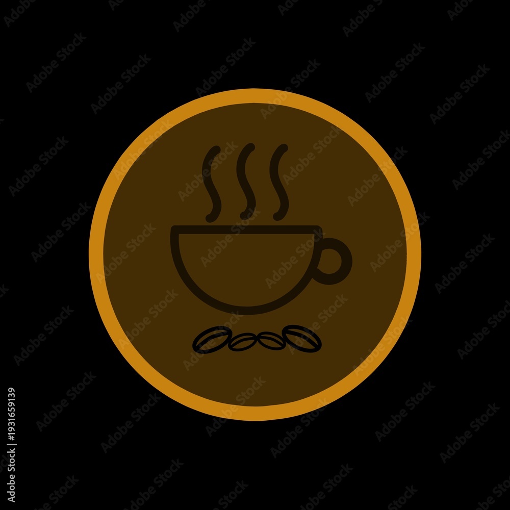 Obraz premium Clean icon of steaming coffee cup with beans in circular frame. Ideal for cafe branding, artisan coffee labels, packaging, menu covers, social media, and premium beverage identity.