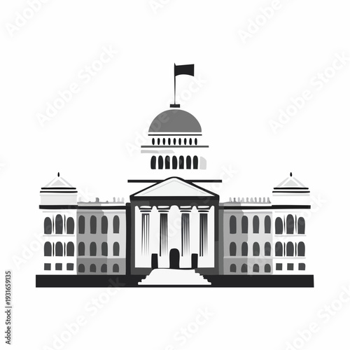Detailed vector illustration of a government building with dome and flagpole design