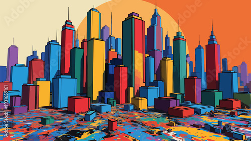 Modern city skyline with vibrant multicolored skyscrapers and buildings at sunset with large sun background and abstract paint splatter ground texture for urban architectural design concept vector