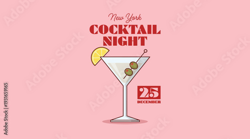 New York Cocktail Night poster featuring a martini glass with a lime wedge on a pink background.