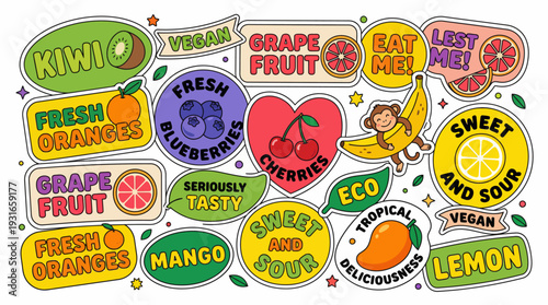 Vibrant collection of round fruit stickers featuring kiwi, lemon, mango, grapefruit, orange, passion fruit, and eco-friendly badges in a playful, colorful design.