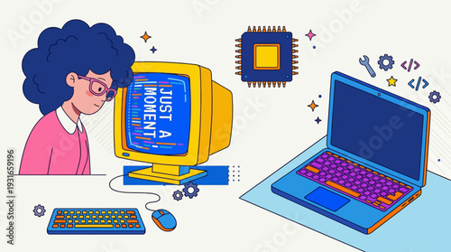 Cartoon vector illustration of a retro computer workspace featuring a vintage CRT monitor, a keyboard, and a modern laptop to symbolize coding, tech creativity, and digital learning.