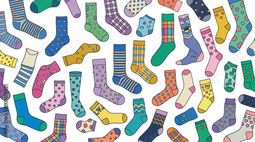 Colorful assortment of patterned socks scattered on a white background, vibrant fashion hosiery collage for textile design, branding, and lifestyle imagery.