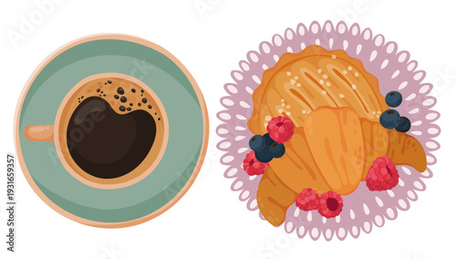Top view flat vector illustration of coffee cup and fresh croissant with raspberries and blueberries on decorative plate. Perfect for cafe branding, bakery menu design, breakfast concept, coffee shop 