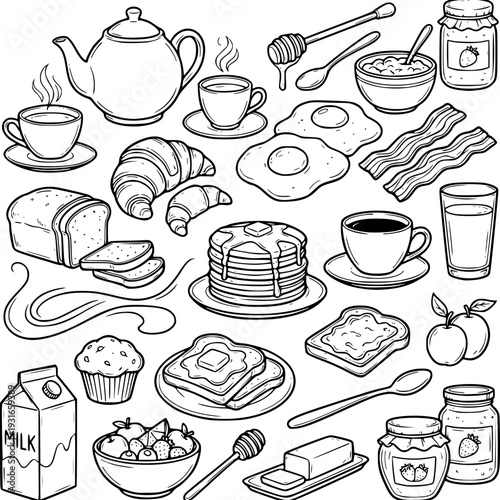 A bountiful morning feast: A captivating collection of breakfast essentials, from fluffy pancakes to crispy bacon, inviting a delightful start to the day.