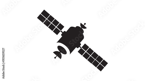 Black silhouette of a satellite with solar panels and antennas against a white background. 
