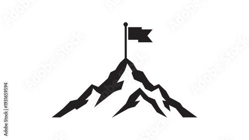A black silhouette vector illustration of a mountain peak with a flag on top against a white background. The style is simple and bold. 