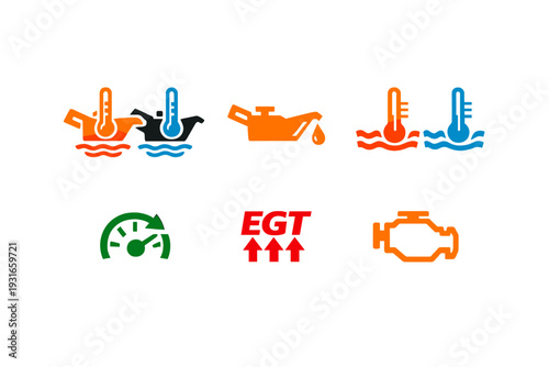 Car Dashboard Warning Icons Set – Engine Temperature Oil Pressure EGT Gauge Vector Illustration