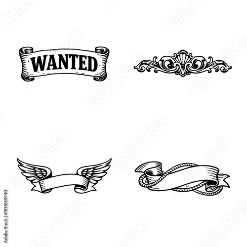 Vintage decorative banners set vector black white wanted poster winged ribbon ornamental divider