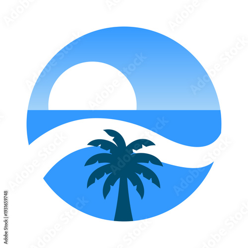 Logo agencia de viajes. Vacaciones de verano. Dibujo sencillo con siluetas de un paisaje con la palma, sol y olas de mar en círculo 