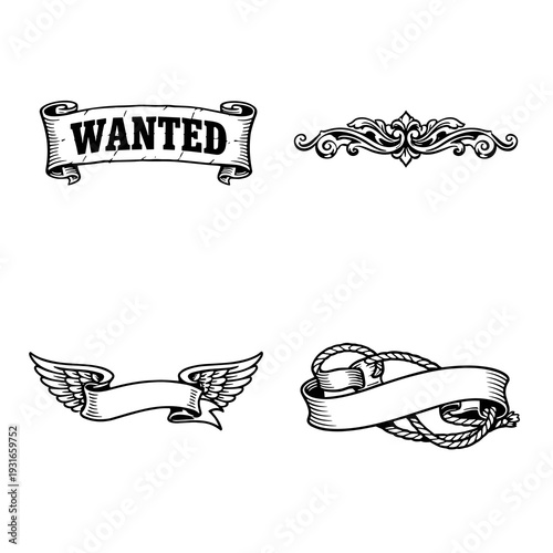 Vintage Wanted Poster Ribbon Banners Set – Western Ornate Scroll Frames Vector Illustration