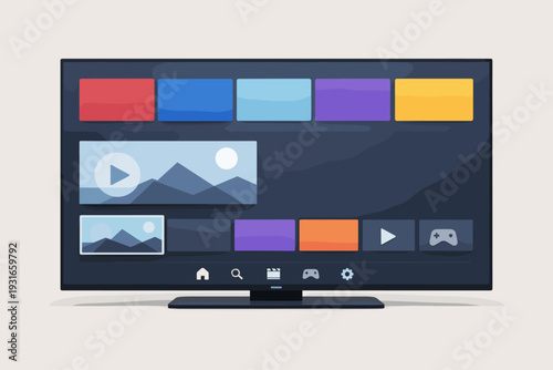 Smart TV Home Screen Interface Illustration – Streaming Apps Tiles Video Thumbnails UI Vector