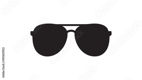 A black silhouette of aviator sunglasses is centered against a white background The image is a simple vector graphic with a flat style. 
