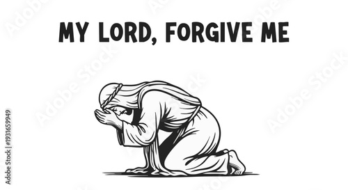 Kneeling figure in prayer with sorrowful expression in black and white illustration on white background for spiritual
