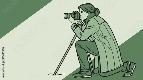 Professional female photographer capturing images with a camera and tripod.