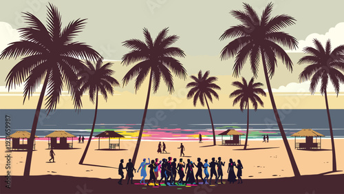 Tropical beach celebration during holi festival with palm trees and colorful silhouettes of people dancing on sand under vintage sky background vector illustration showing traditional indian event