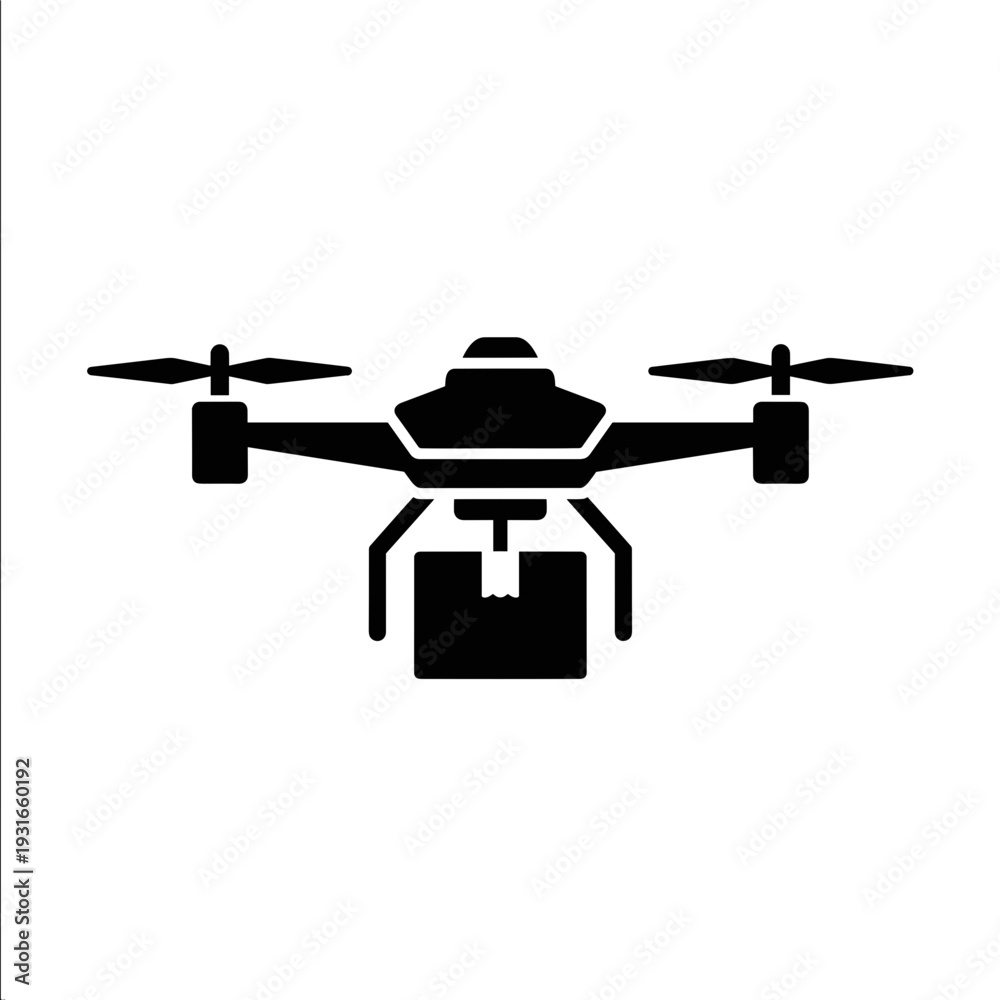 Obraz premium Black silhouette of a drone carrying a package for delivery service.