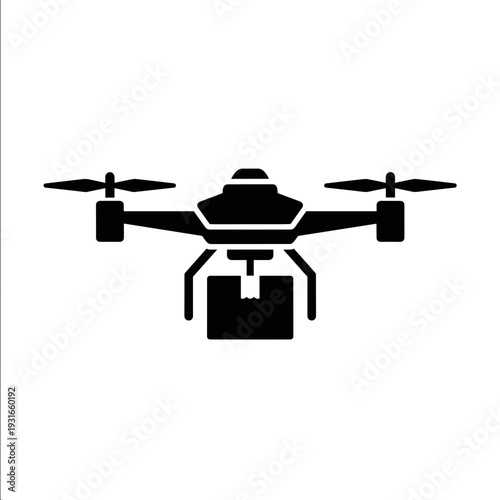 Black silhouette of a drone carrying a package for delivery service.
