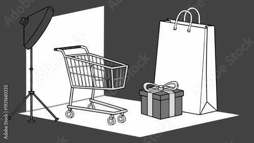 Shopping cart gift and bag in a studio setting ready for a photoshoot.