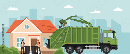 Waste Management Service Vector Illustration Featuring Garbage Truck, Sanitation Workers Collecting Bins, and Residential House for Recycling, Urban Cleaning, and Environment Projects