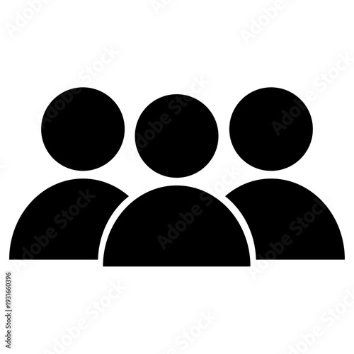Team or group icon, three solid black user silhouettes representing community and collaboration, minimalist UI element vector illustration