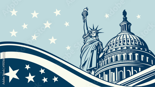 Statue of Liberty and Capitol Building with American Flag Elements.